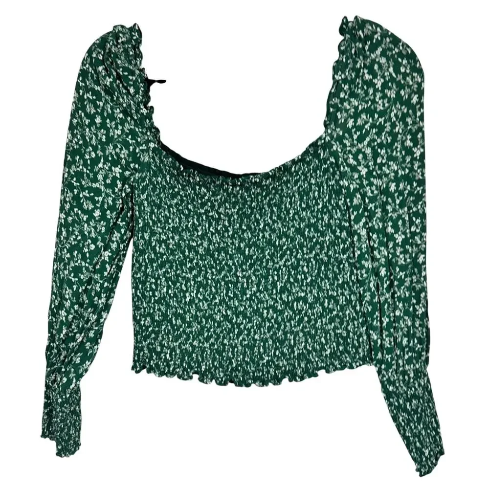 Reformation Green Ditsy Floral Smocked Blouse Womens M Summer Sheer Sleeve Boho
